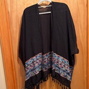 Black Open Front Kimono with Multicolor Embroidered Hem
